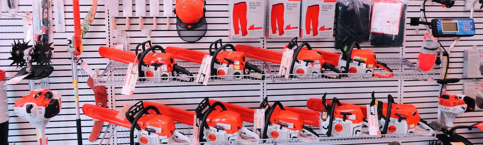 WE HAVE A LARGE SELECTION OF CHAIN SAWS AND PROTECTIVE GEAR